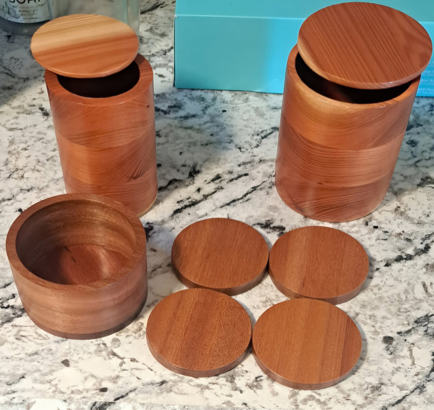 Mahogany Coaster Set with Holder | Handcrafted Wood Coasters | Rustic Drink Coasters | Gift for Him • Housewarming Gift