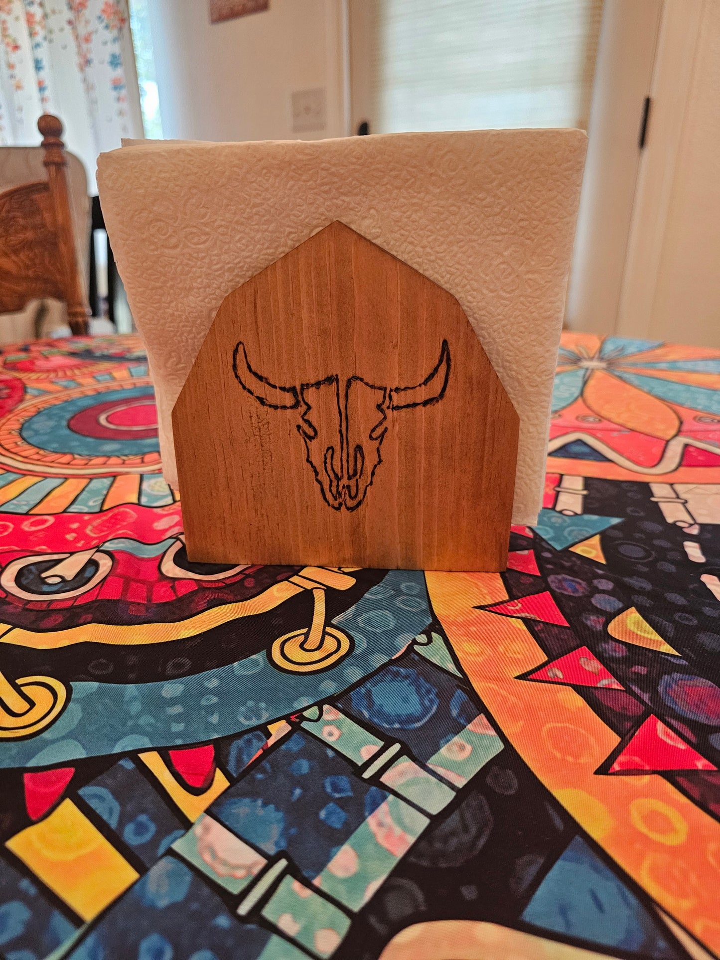 Handmade Rustic Wooden Napkin Holder – Western Horse & Steer Skull Design, Farmhouse Kitchen Table Décor
