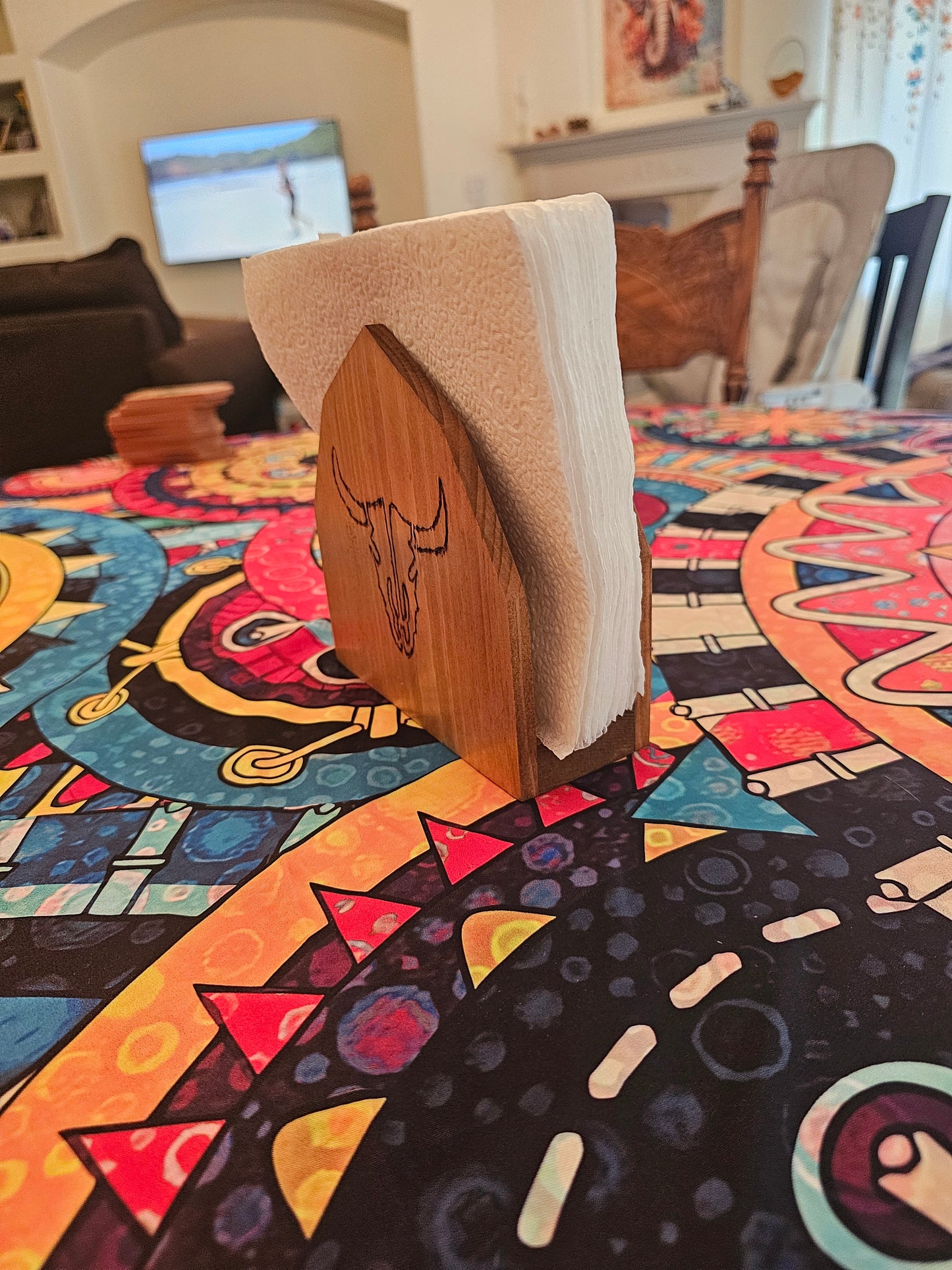 Handmade Rustic Wooden Napkin Holder – Western Horse & Steer Skull Design, Farmhouse Kitchen Table Décor