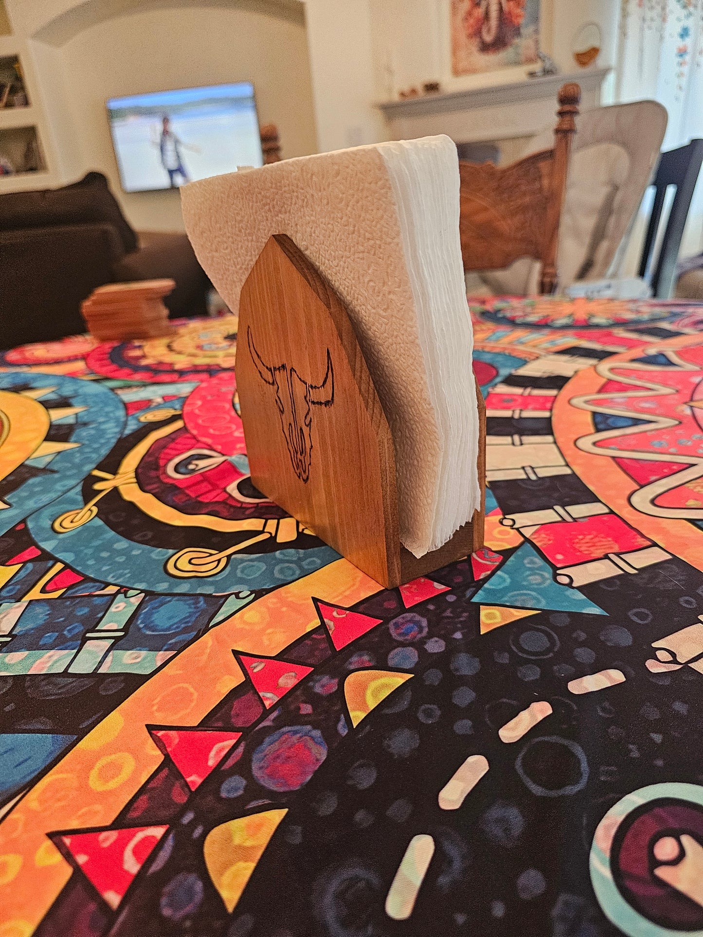 Handmade Rustic Wooden Napkin Holder – Western Horse & Steer Skull Design, Farmhouse Kitchen Table Décor