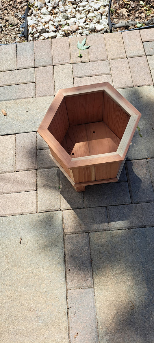 Handmade Redwood Hexagon Planter – Rustic Outdoor Garden Box with Legs, Farmhouse Patio Plant Holder