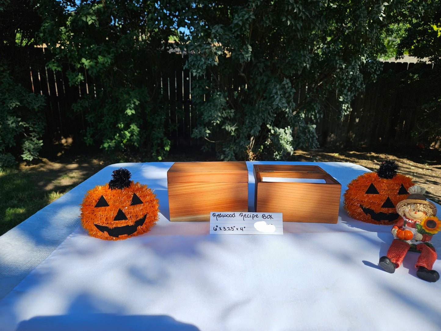 Handmade Redwood Recipe Box – Rustic Fall Kitchen Organizer for 4x6 Cards, Halloween & Thanksgiving Gift