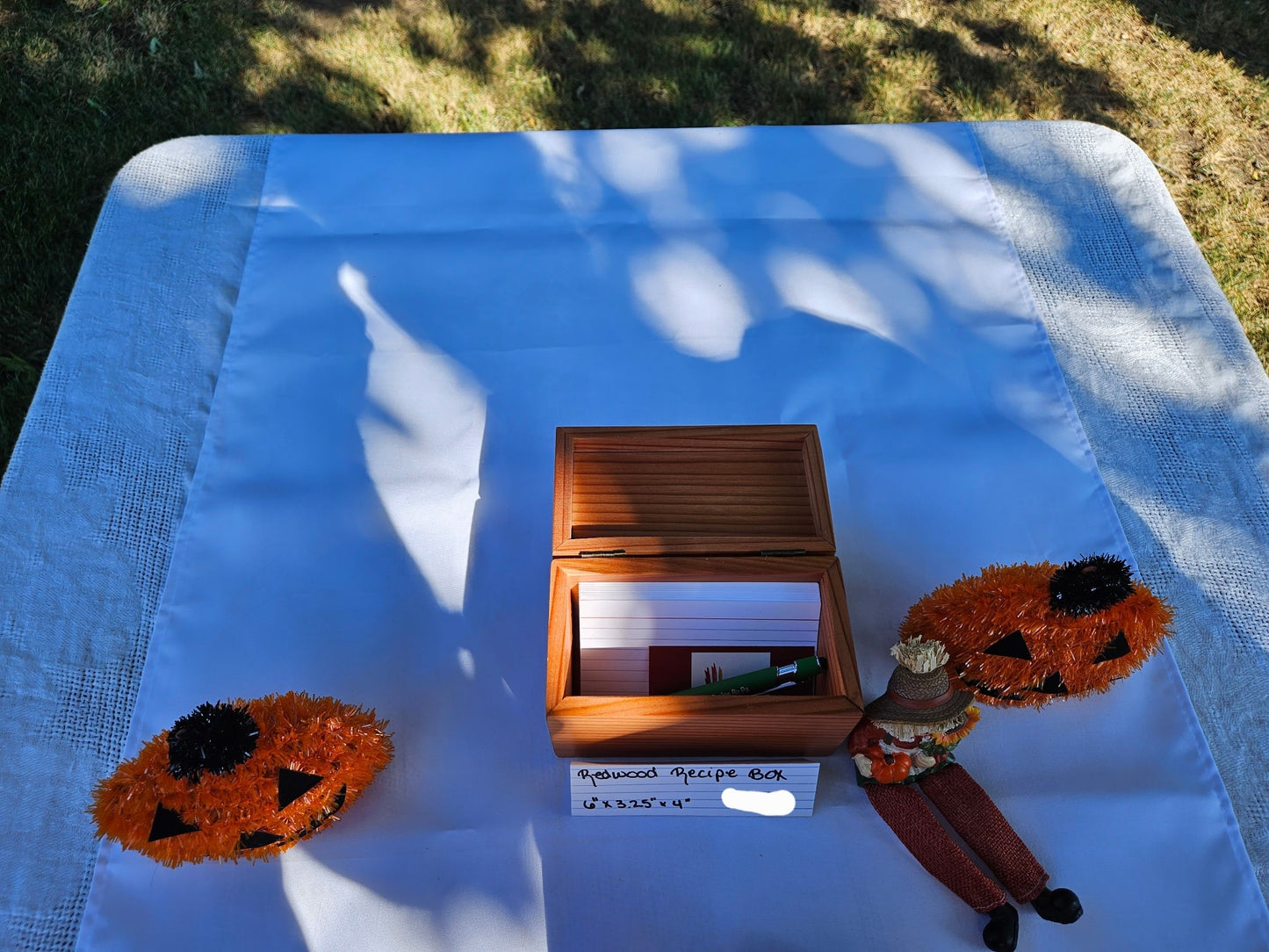 Handmade Redwood Recipe Box – Rustic Fall Kitchen Organizer for 4x6 Cards, Halloween & Thanksgiving Gift