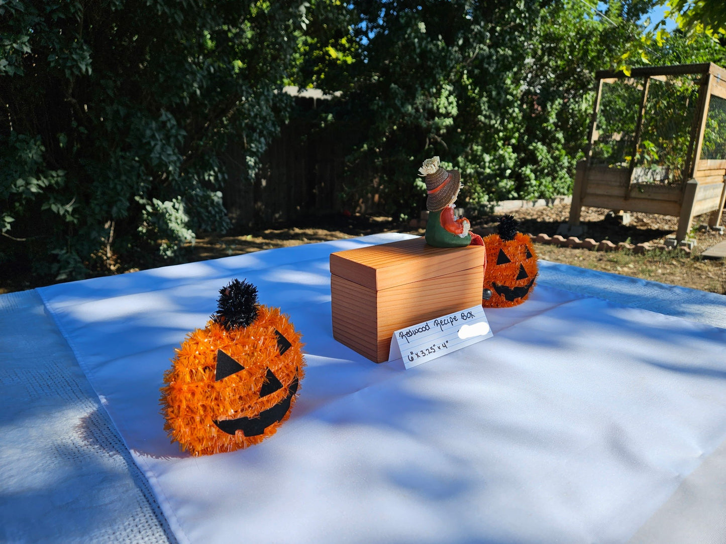 Handmade Redwood Recipe Box – Rustic Fall Kitchen Organizer for 4x6 Cards, Halloween & Thanksgiving Gift