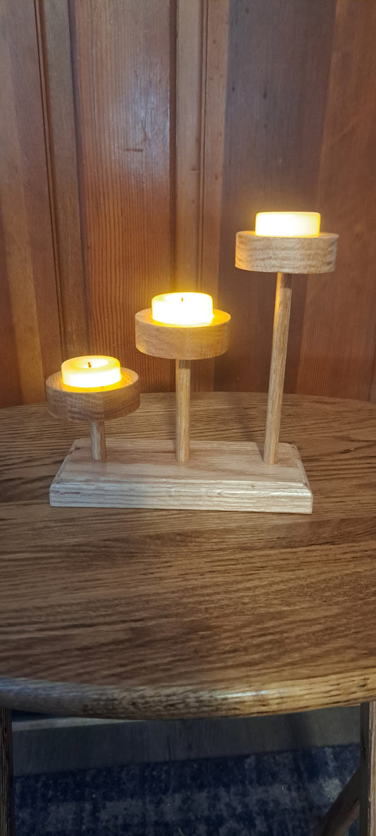 Handmade Wooden Tealight Candle Holder w/ LED Tea Lights | Triple Tier Candle Stand | Rustic Farmhouse Decor | Gift for Her • Housewarming